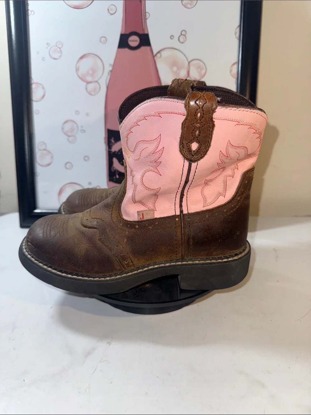 Justin Gypsy Girls Pink Shaft Brown Leather Western Cowboy Boots - Size 3D